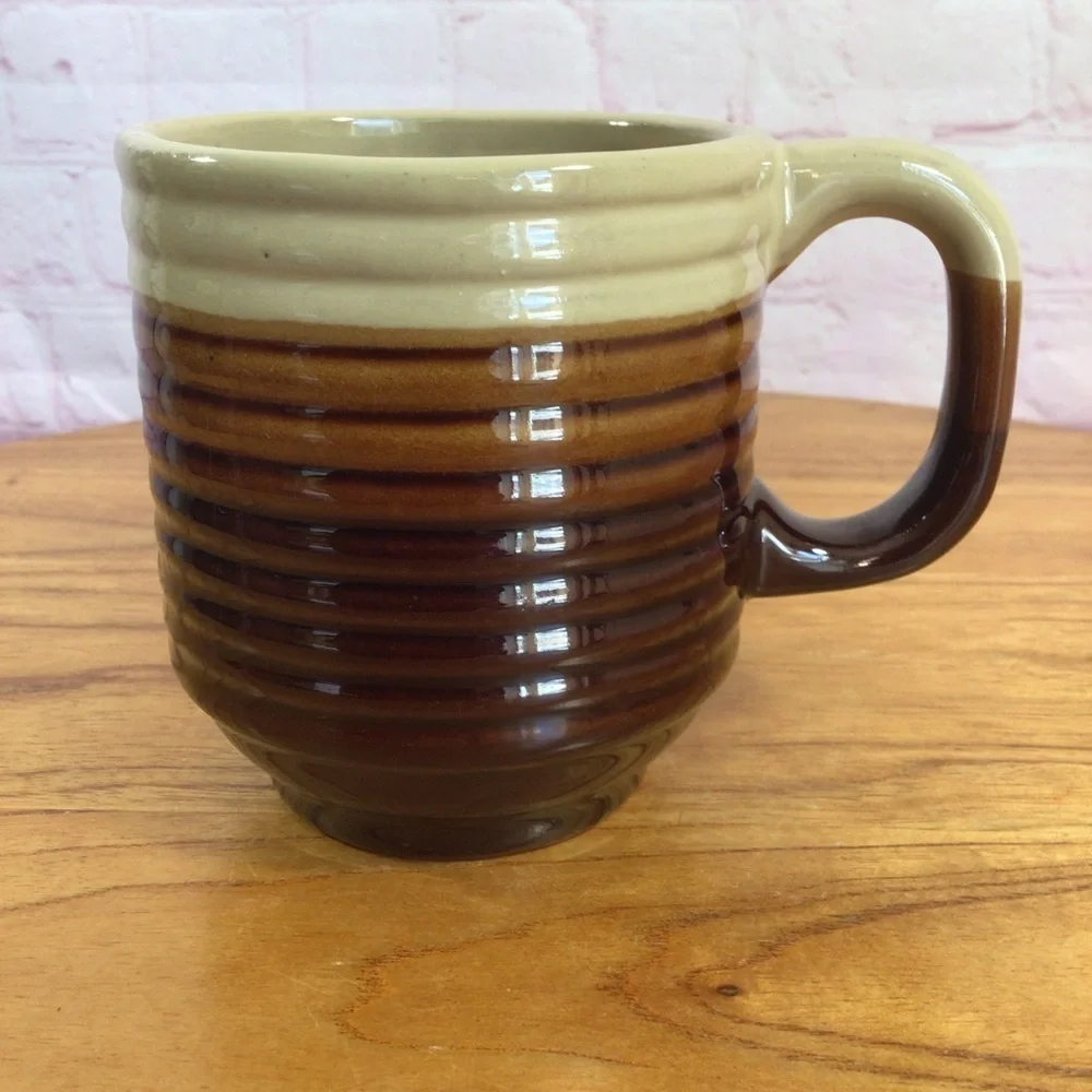 Vintage Three Tone Brown Ribbed Stoneware Covered Sugar Creamer Mug Set